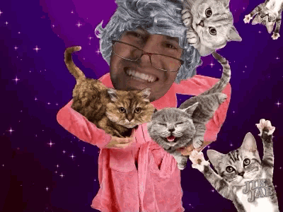a man in a pink robe is surrounded by cats and the word jab is on the bottom right
