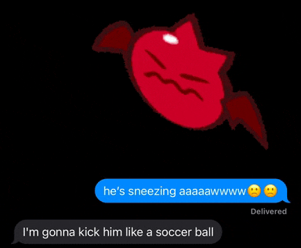 a cartoon of a devil with wings and a message that says he 's sneezing aaawwwwww