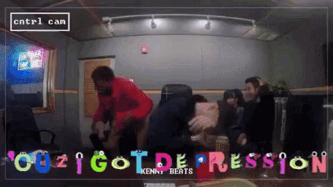 a group of people in a room with the words " you i got depression "