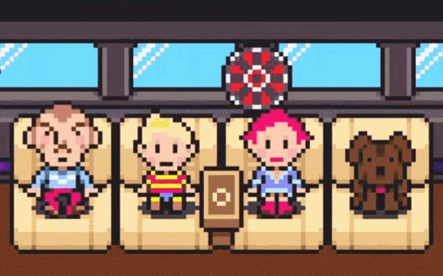a pixel art illustration of a family sitting in a car