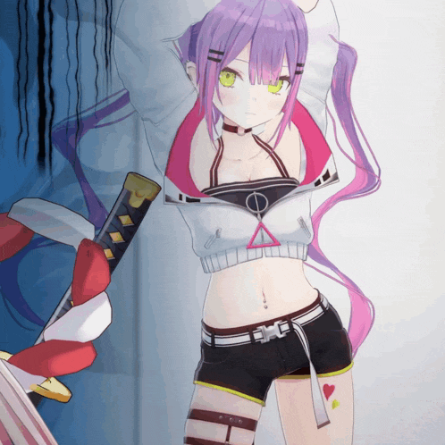 a girl with purple hair and green eyes is holding a sword in her hand