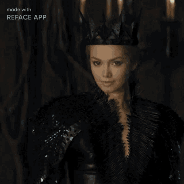 a woman wearing a black crown and a black feathered jacket is made with reface app