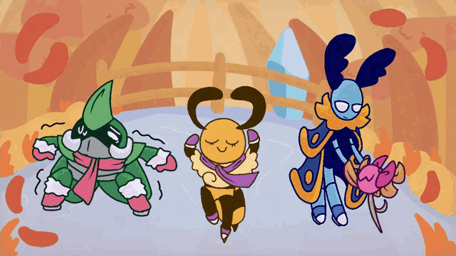 three cartoon characters are standing next to each other and one has a scarf around its neck