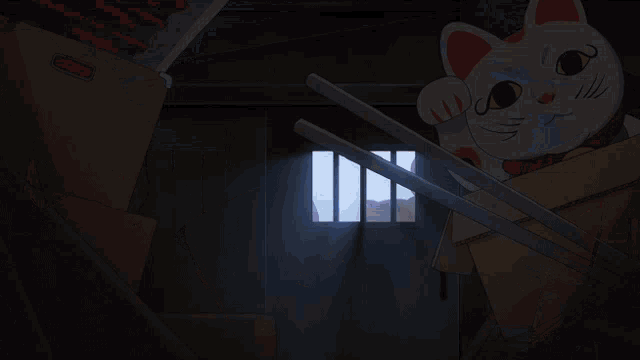 a cartoon drawing of a boy and a cat with a light shining through it