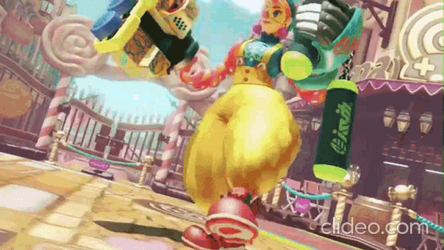 a cartoon character is standing in front of a carnival holding a skateboard and a can of soda .