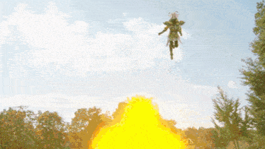 a painting of a man standing in front of a statue of a man flying in the sky