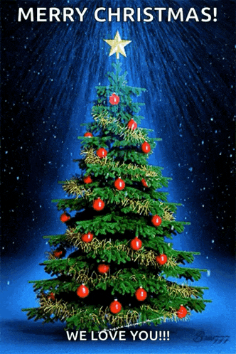 a merry christmas card with a christmas tree and a star
