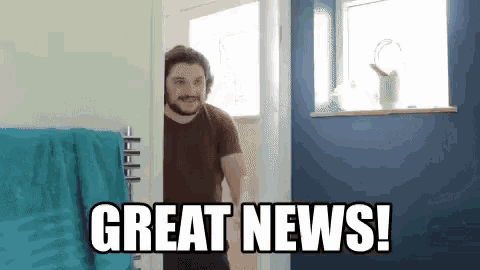 a man standing in a bathroom with the words great news written on the bottom