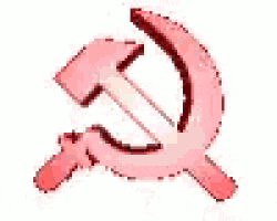 a red hammer and sickle with a pink ribbon on a white background