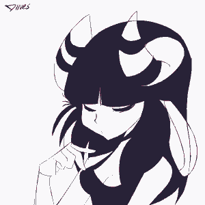 a black and white drawing of a demon girl with horns .
