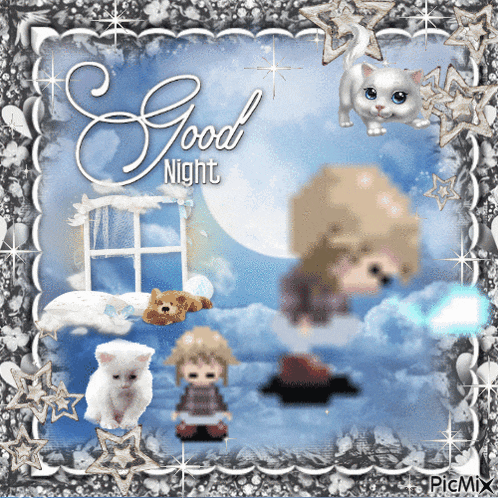 a picture that says good night with a girl sleeping in the clouds