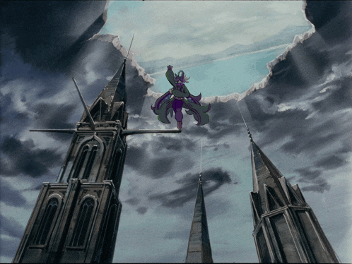 a cartoon of a person flying through the air between two buildings