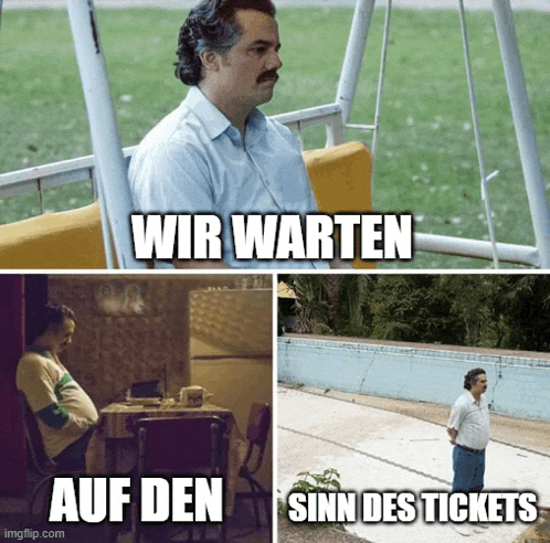 a man sitting on a swing with the words " wir warten " above him