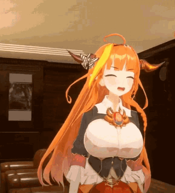a cartoon character with long orange hair and horns