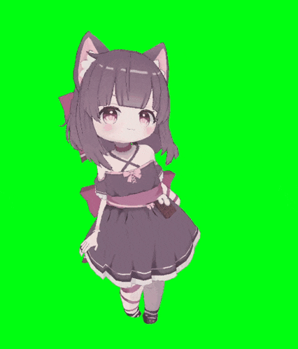 a little girl with cat ears is standing on a green background .