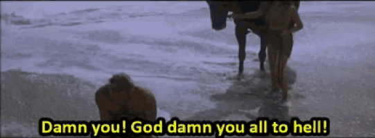a group of people walking on a beach with the words " damn you god damn you all to hell " on the bottom