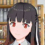 a girl with long black hair and red eyes is standing in front of a bookshelf .