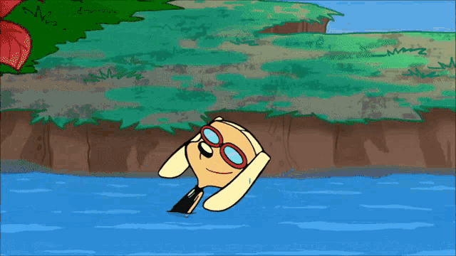 a cartoon dog wearing goggles is swimming in a lake