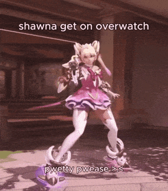 a video game character with the caption shawna get on overwatch pwetty pwease