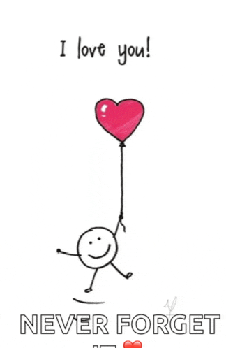 a stick figure is holding a heart shaped balloon with the words `` i love you '' written on it .