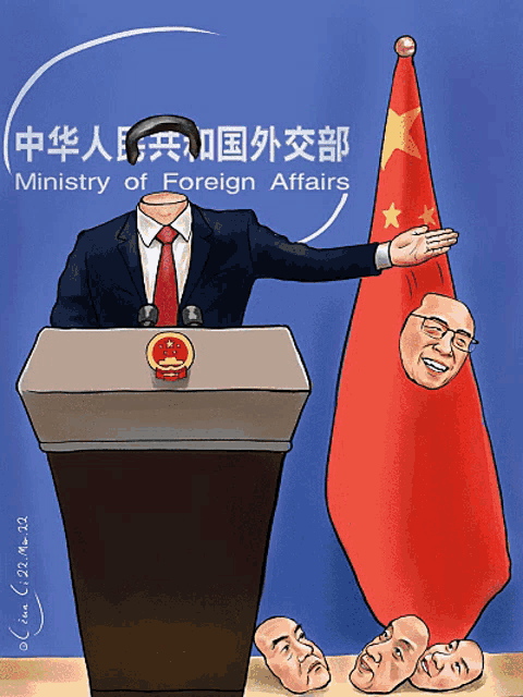 a cartoon of a man giving a speech in front of a ministry of foreign affairs sign
