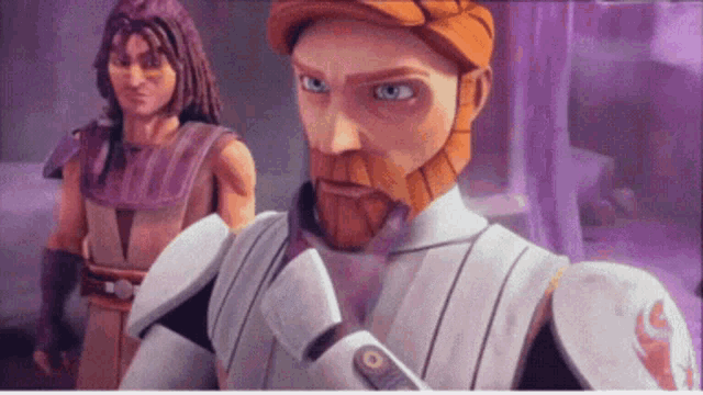 two cartoon characters are standing next to each other and one has a beard