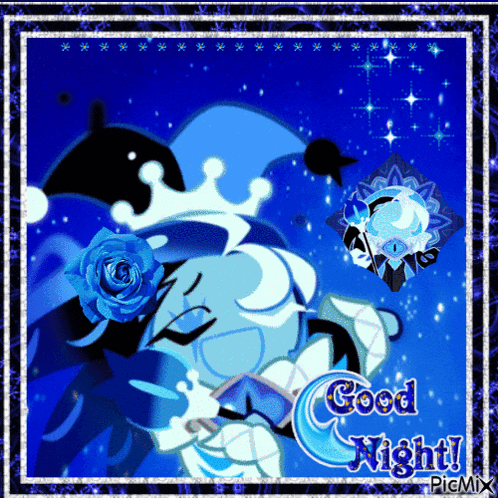 a picture of a dolphin with a crown and blue roses says good night