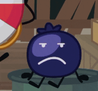 a blueberry cartoon character with a sad face is sitting on a trash can .