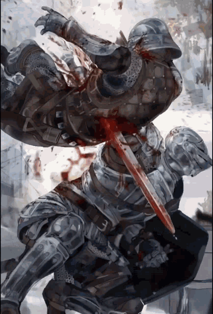 a knight with a bloody sword is being thrown by another knight