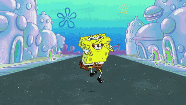 a cartoon of spongebob dancing in front of a flower