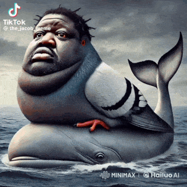 a pigeon is sitting on top of a whale with a man 's face on it