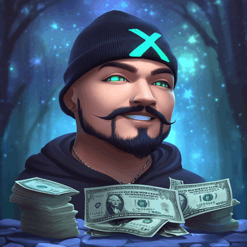 a man with a beard wearing a hat with an x on it is surrounded by stacks of money