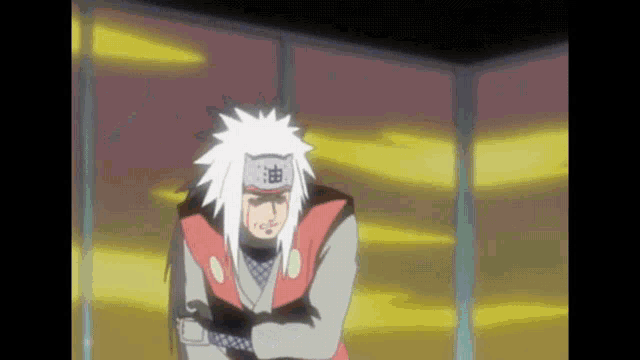 a man with white hair and a red vest has chinese characters on his head