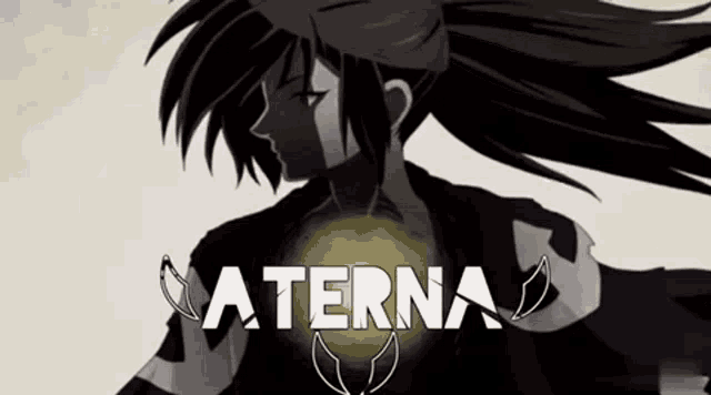 a black and white drawing of a person with the word aterna in white letters