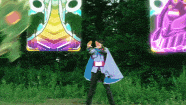 a man in a blue cape is standing in front of a purple sign that says ' a ' on it