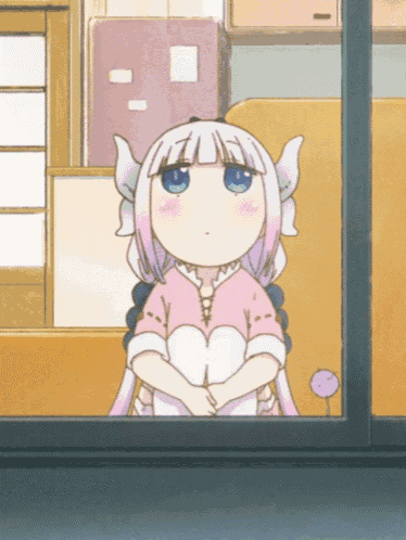 a pink and white anime girl with blue eyes looks out of a window