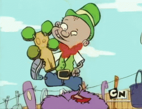 a cartoon character is jumping in the air while holding a stuffed animal ..
