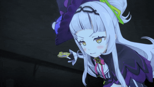 a girl with white hair and yellow eyes is wearing a purple dress and hat