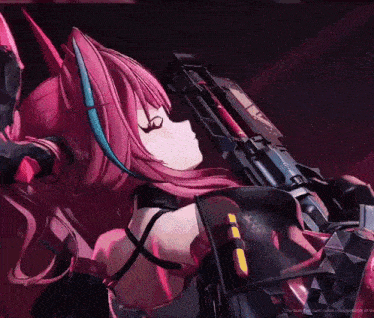 a girl with pink hair is holding a gun in a video game ..