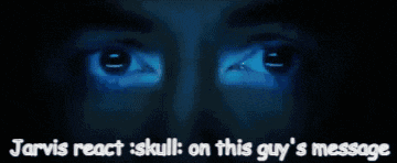 a close up of a man 's face with the words jarvis react skull on this guy 's message below it