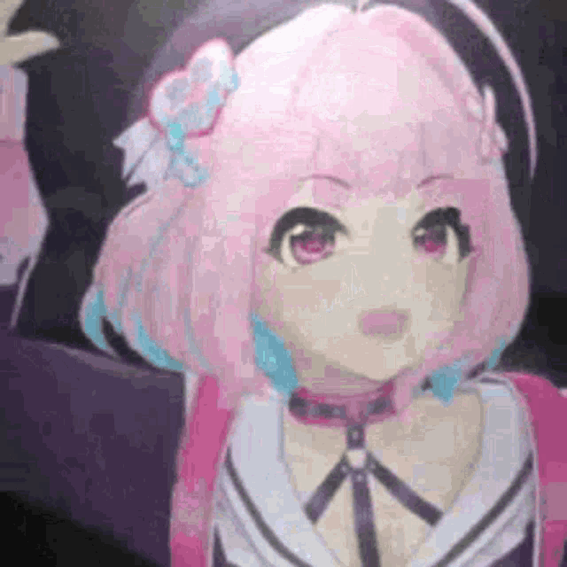 a close up of a pink and blue anime girl with pink hair and a choker .