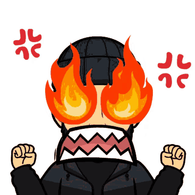 a cartoon of a man with flames on his eyes