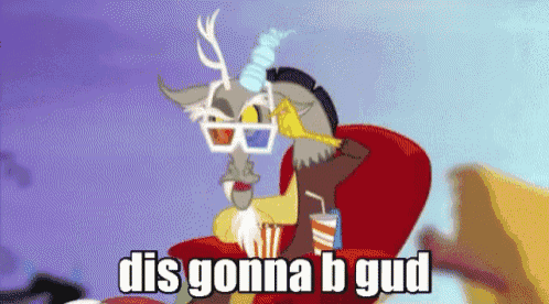 a cartoon character wearing 3d glasses is sitting in a chair and says dis gonna b gud .