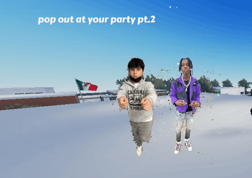 two boys are dancing in the snow with the words " pop out at your party pt.2 " above them