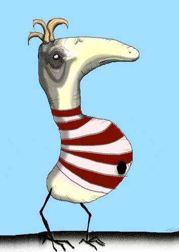 a drawing of a bird with a red and white striped outfit