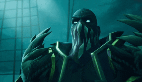a video game character with blue eyes and sharp teeth looks at the camera