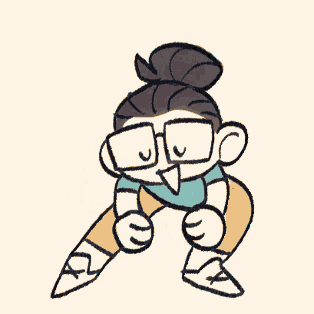 a cartoon drawing of a person with glasses and a bun on their head