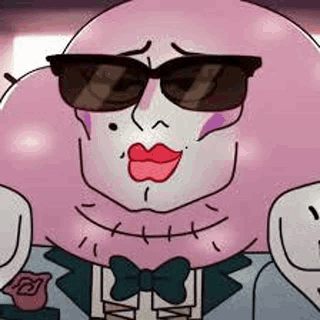 a cartoon character wearing sunglasses and a bow tie is holding a rose .