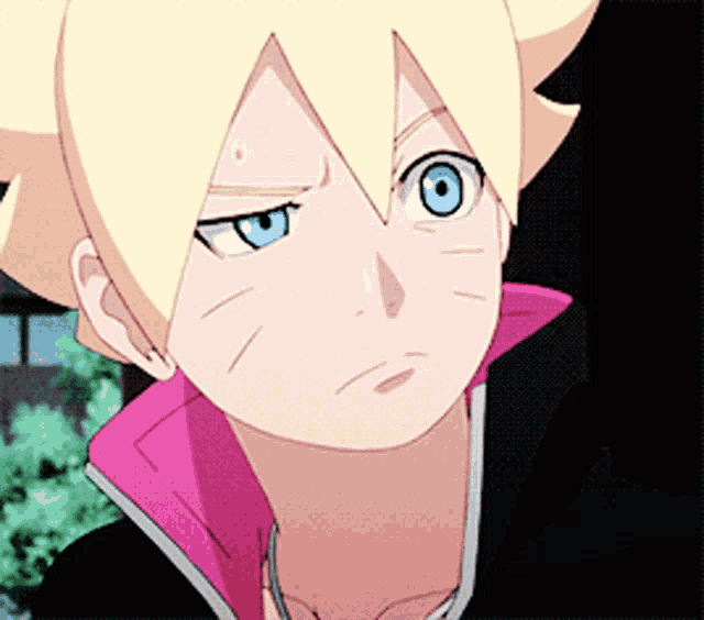 a close up of a cartoon character with blue eyes and a pink collar