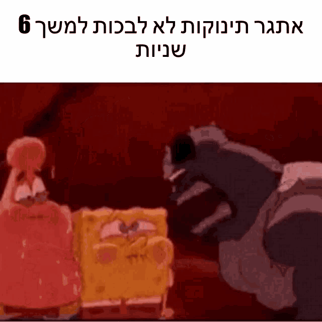 a cartoon of spongebob and patrick standing next to each other with a caption in hebrew .